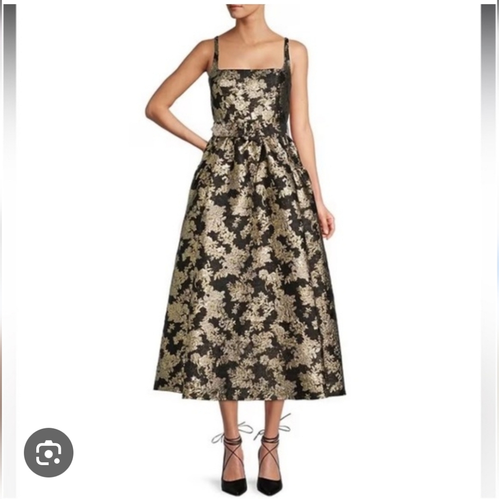 Francesca's Collections Black and Gold Floral Midi Dress. NWOT